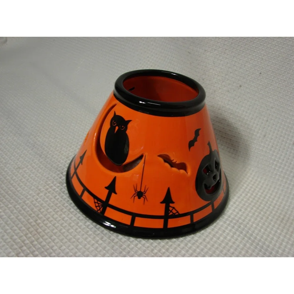 Orange Black Ceramic Jar Candle Shade Topper Halloween Spooky Pumpkin Bats Owl